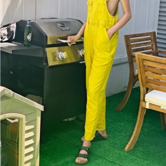 Urban Outfitters Camille Linen Blend Zip Up Chartreuse Overalls Size Small Shrek - Picture 4 of 6